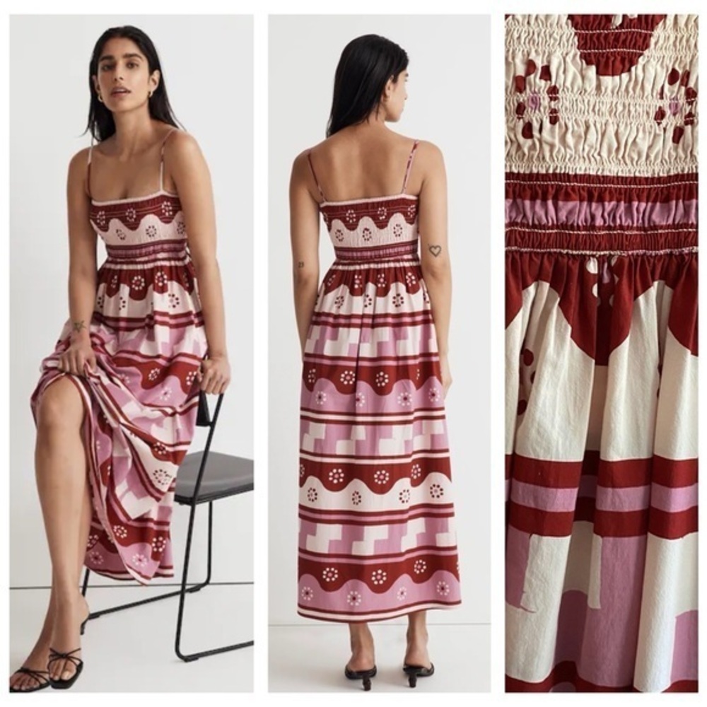 Madewell Pink Red Cream Geodaisy Batik Theo Sleeveless Smocked Midi Dress XS